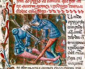Schlacht zwischen Rodrigo Diaz de Vivar genannt El Cid (1043-1099) und Martin Gomez. Miniatur aus „Chroniken von Spanien“ von Unknown artist