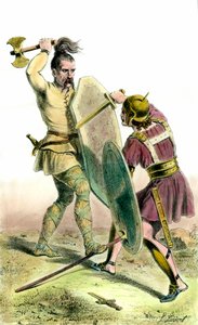 Kampf zwischen einem fränkischen Soldaten und einem römischen Soldaten. Gravur des 19. Jahrhunderts von Unknown artist