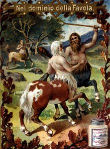 Kampf zwischen Kentauren. Werbevignette. Chromolithographie aus dem späten 19. Jahrhundert