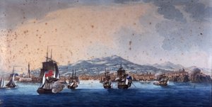 Schlacht im Hafen von Genua zwischen französischen und englischen Schiffen. Andre Massena leitet das Hauptquartier von Genua. Anonymes Gemälde aus dem 19. Jahrhundert. Museo Navale de Genova Pegli von Unknown artist