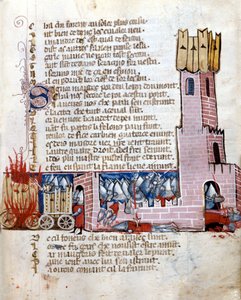 Schlacht in einer Burg. Die Panzer stehen in Flammen. Manuskript aus dem 13. Jahrhundert. Marciana Venedig. von Unknown artist