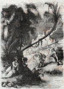 Schlacht von Griffon und Aquilant gegen Orrile - Gravur von 1851 aus „Furioser Roland“ (Orlando furioso) (16. Jahrhundert) von Ludovico Ariosto, bekannt als der Ariosta - Ausgabe übersetzt aus dem Italienischen von Graf von Tressan und veröffentlicht von G