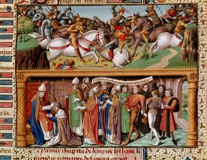 Kampfszene und Krönung von Kaiser Lothar II. von Supplinburg (oder Lothar III. des Heiligen Römischen Reiches) (1075-1137). Miniatur in „Le miroir historial“ (Speculum Historiale) (ms. 1196 fol. 245 r.) von Vincent de Beauvais von Unknown artist
