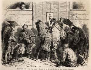 Bettler an der Tür eines Verstorbenen, es ist Brauch, dass wohlhabende Familien am Vorabend der Beerdigungszeremonie einen Diener an der Tür ihres Hauses aufstellen, der für die Verteilung von Almosen in kleiner Währung an alle Armen verantwortlich ist, di von Unknown artist