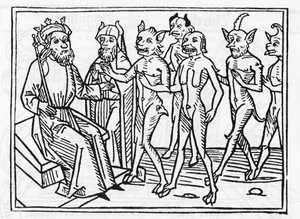 Belials Prozess: „Der Dämon Belial, begleitet von vier anderen Dämonen, wird Richter Salomon vorgestellt“ Gravur aus „Der Belial-Prozess“ von Jacobus de Teramo (oder Palladino), Augsburg