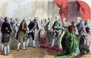 Benjamin Franklin (1706-1790), Philosoph, Physiker und amerikanischer Botschafter, empfangen vom König von Frankreich, Ludwig XVI., am 6. Februar von Unknown artist