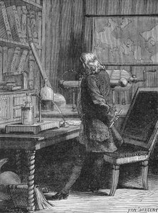 Benjamin Franklin in seinem Physiklabor in Philadelphia. In „Album de la Science“, Éditions Jouvet. von Unknown artist
