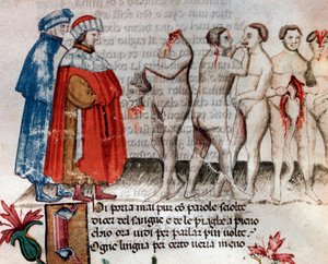 Bertrand de Born hält seinen abgeschlagenen Kopf (Gesang 28 der Hölle, in der Göttlichen Komödie) - Miniatur, 15. Jahrhundert