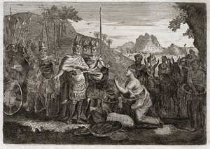 Bibel von Royaumont, Altes Testament: Abigail. Abigail, Nabals Frau, besänftigt Davids Zorn mit ihrer Weisheit. Illustration von 1811. von Unknown artist