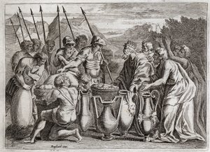 Bibel von Royaumont, Altes Testament: Abraham befreit Lot. Abraham rettet Lot, seinen Neffen, aus den Händen der Feinde. Der Hohepriester Melchisedech segnet. Der König von Sodom bot ihm an von Unknown artist