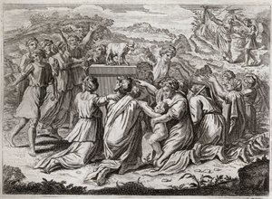 Bibel von Royaumont, Altes Testament: Anbetung des Goldenen Kalbs. Mose sieht die Hebräer und das goldene Kalb und zerbricht die Gesetzestafeln. Illustration von 1811. von Unknown artist