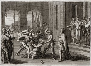 Bibel von Royaumont, Altes Testament: Agag verschont. Saul verschonte, entgegen Gottes Befehl, Agag, den König der Amalekiter. Gott zeigt ihm seinen Zorn durch Samuel, der Sauls Fehler korrigierte, indem er Agag tötete. Illustration von 1811. von Unknown artist