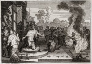 Bibel von Royaumont, Altes Testament: Ahas, unheiliger König. Der böse Ahas, König von Juda, erzürnt Gott und wird den Feinden ausgeliefert. Illustration von 1811.