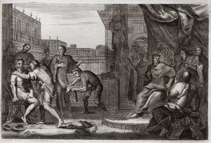 Bibel von Royaumont, Altes Testament: Botschafter Davids. David schickte Joab gegen die Ammoniter, um sich für die Beleidigung zu rächen, die Hanon, ihr Prinz, seinen Botschaftern angetan hatte, die er für Spione hielt. Illustration von 1811.