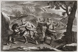 Bibel von Royaumont, Altes Testament: Geburt von Samson. Samson zerreißt einen Löwen in Stücke. Illustration von 1811. von Unknown artist