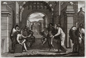 Bibel von Royaumont, Altes Testament: Boas (Booz), naher Verwandter von Ruth, Frau nach der Verordnung des Gesetzes. Illustration von 1811. von Unknown artist
