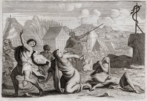 Bibel von Royaumont, Altes Testament: Eherne Schlange. Das Volk murrte gegen Gott und gegen Moses und wurde von Feuerschlangen bestraft; sie wurden von einer ehernen Schlange geheilt, die Moses erhob, damit sie von allen gesehen werden konnte. Illustration von Unknown artist