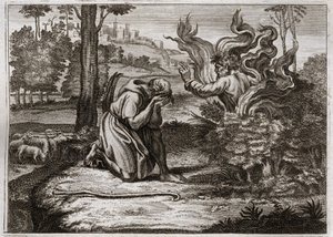 Bibel von Royaumont, Altes Testament: Der brennende Dornbusch. Gott spricht zu Mose aus der Mitte eines brennenden Dornbuschs. Illustration von 1811. von Unknown artist