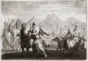 Bibel von Royaumont, Altes Testament: Berufung Abrahams. Gott ruft Abraham und befiehlt ihm, das Land der Chaldäer zu verlassen und in ein Land zu kommen, das er ihm versprochen hat. Illustration von 1811. von Unknown artist