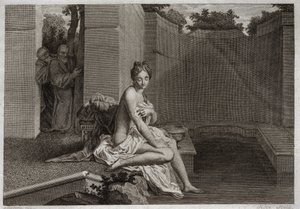 Bibel von Royaumont, Altes Testament: Keuschheit der Susanna. Zwei Älteste, Richter des Volkes, versuchen, die Keuschheit Susannas zu verderben, während sie allein in ihrem Garten badet. Illustration von 1811. von Unknown artist