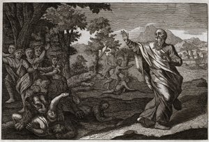 Bibel von Royaumont, Altes Testament: Kinder werden von Bären verschlungen. Kinder, die sich über Elises Kahlheit lustig machen, werden von Bären zerrissen. Illustration von 1811.