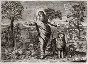 Royaumont-Bibel, Altes Testament: Schöpfung der Welt. Gott erschafft Himmel und Erde aus dem Nichts und schmückt sie in sechs Tagen mit Kreaturen aller Art. Illustration von 1811.