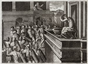 Royaumont-Bibel, Altes Testament: Verbrechen Davids oder Bathseba im Bad. David sah Bathseba von weitem, die Frau des Hethiters Uria (oder Uria der Hethiter), beim Baden und begehrte sie, und tötete dann ihren Mann Uria. Illustration von 1811.