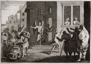 Royaumont-Bibel, Altes Testament: Verbrechen der Sodomiten. Loth empfängt Engel in seinem Haus. Die Sodomiten (Sodom) wollen sie vergewaltigen. Die Engel schlagen sie mit Blindheit. Illustration von 1811. von Unknown artist