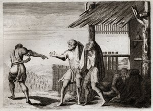 Royaumont-Bibel, Altes Testament: Verfluchung von Cham durch seinen Vater (Noahs Trunkenheit). Cham, der zweite Sohn von Noah, sieht seinen Vater in einer unanständigen Haltung, kümmert sich nicht darum und wird verflucht. Illustration von 1811. von Unknown artist