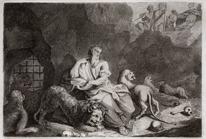 Bibel von Royaumont, Altes Testament: Daniel in der Löwengrube. Daniel wird in die Löwengrube geworfen und überlebt auf wundersame Weise. Illustration von 1811.