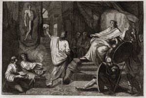Bibel von Royaumont, Altes Testament: Prophet Daniel. Prophet Daniel offenbart König Nebukadnezar II. einen Traum, den dieser hatte, und erklärt ihm dessen Bedeutung. Illustration von 1811. von Unknown artist
