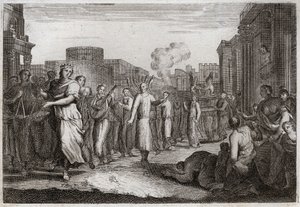 Royaumont-Bibel, Altes Testament: David tanzt vor der Bundeslade. David, der beschlossen hat, die Lade ein zweites Mal zu sich nach Hause zu bringen, lässt sie von Leviten tragen und begleiten, um einen Unfall wie den von Oza zu vermeiden. Er tanzt vor