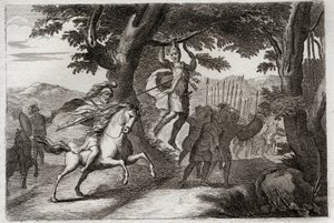 Bibel von Royaumont, Altes Testament: Tod von Absalom. Absalom (oder Avshalom, Absalom), der aus der Schlacht flieht, wird von seinen Haaren an einer Eiche gefangen, oder Joab durchbohrt ihm das Herz mit drei Pfeilen. Illustration von 1811.