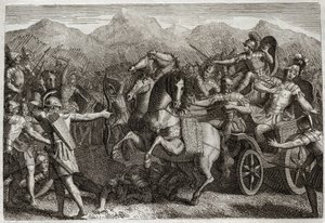 Royaumont-Bibel, Altes Testament: Tod von Ahab. Ahab (Achab) führt Krieg gegen Syrien und wird von einem zufälligen Pfeil getötet. Illustration von 1811