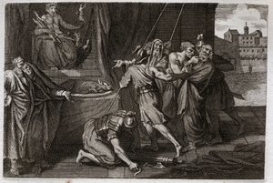 Bibel von Royaumont, Altes Testament: Tod von Eleasar. Der alte heilige Eleasar wird auf Befehl von Antiochos IV. Epiphanes (175-164 v. Chr.) getötet, weil er sich weigerte, verbotene Speisen zu essen. Illustration von 1811.