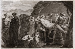 Royaumont-Bibel, Altes Testament: Tod von Sara. Sara (Sarah) stirbt. Abraham kauft ein Grab in der Stadt Geth, um sie zu begraben. Illustration von 1811.