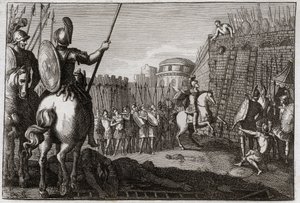 Bibel von Royaumont, Altes Testament: Tod von Seba. Und Seba (Scheba) erhob sich gegen David und nahm die zehn Stämme mit sich, und Joab verfolgte ihn in Abela, wo sein Kopf auf Rat einer Frau abgeschlagen wurde. Illustration von 1811. von Unknown artist