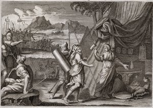 Bibel von Royaumont, Altes Testament: Tod von Sisara. Yael (Jael) tötet den Anführer der Kanaaniterarmee Sisra (Sisera oder Sisara). Illustration von 1811.