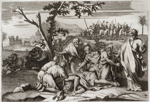 Royaumont-Bibel, Altes Testament: Tod des bösen Antiochus. Der schreckliche Tod von König Antiochus IV. Epiphanes (175-164 v. Chr.) nach einem Sturz vom Pferd. Illustration von 1811