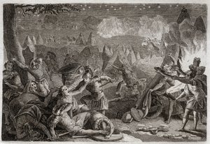 Bibel von Royaumont, Altes Testament: Niederlage der Midianiter durch den Klang der Trompeten und das Licht der Lampen. Illustration von 1811.