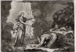 Royaumont-Bibel, Altes Testament: Befreiung von Daniel. Daniel, in der Löwengrube, wird auf wundersame Weise getrunken. Illustration von 1811. von Unknown artist