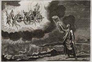 Bibel von Royaumont, Altes Testament: Ezechiel der Prophet. Der heilige Prophet hatte eine Vision, in der der Herr ihm auf einem Wagen erschien, getragen von vier Cherubinen (Tetramorph). Illustration von 1811. von Unknown artist