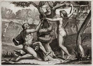 Bibel von Royaumont, Altes Testament: Der Sündenfall. Der Dämon in Gestalt einer Schlange spricht zu Eva und verführt sie, die verbotene Frucht zu essen: Eva fällt und verführt auch Adam. Illustration von 1811. von Unknown artist