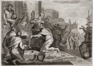 Bibel von Royaumont, Altes Testament: Fall Salomos. Salomo wird von Frauen verführt und opfert den Götzen der falschen Götter Weihrauch. Sein Tod. Illustration von 1811.
