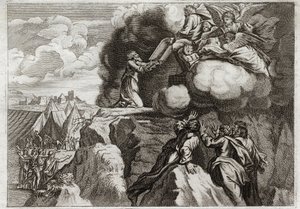 Royaumont-Bibel, Altes Testament: Erste Gesetzestafeln. Gott gibt seinem Volk das Gesetz auf dem Berg Sinai. Moses erhält die 10 Gebote aus den Händen Gottes. Illustration von 1811. von Unknown artist