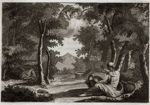 Royaumont-Bibel, Altes Testament: Flucht von Hagar. Hagar erhebt sich gegen Sara, ihre Herrin. Sara bestraft ihre Unverschämtheit mit Strenge. Hagar kann es nicht ertragen und flieht aus dem Haus in die Wüste, wo ein Engel zu ihr spricht, um sie zurückzubr