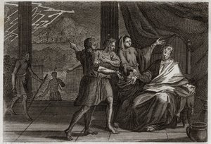 Bibel von Royaumont, Altes Testament: Freunde von Hiob. Hiob wird von drei Fürsten, seinen Freunden, besucht, die ihm statt Trost nur Kummer bringen. Illustration von 1811.