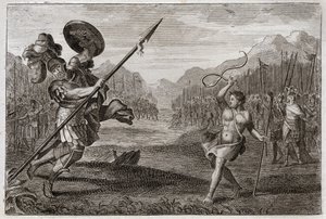 Bibel von Royaumont, Altes Testament: Riese Goliath. Goliath, Philister von ungeheurer Größe, wird von David besiegt, der nur mit einer Schleuder und einem Stock bewaffnet ist. Illustration von 1811.