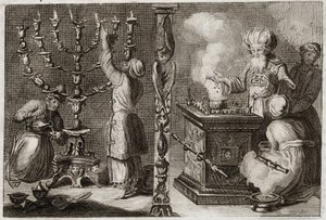 Royaumont-Bibel, Altes Testament: Goldener Leuchter mit sieben Armen (Menora) im Tabernakel. Illustration von 1811. von Unknown artist