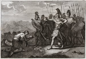 Bibel von Royaumont, Altes Testament: Kopf von Saul. Die Philister freuen sich über Sauls Tod und bieten seinen Kopf ihrem Götzen an. David bedauert den Tod und geht nach Judäa, wo er in Hebron als König anerkannt wird. Illustration von 1811.